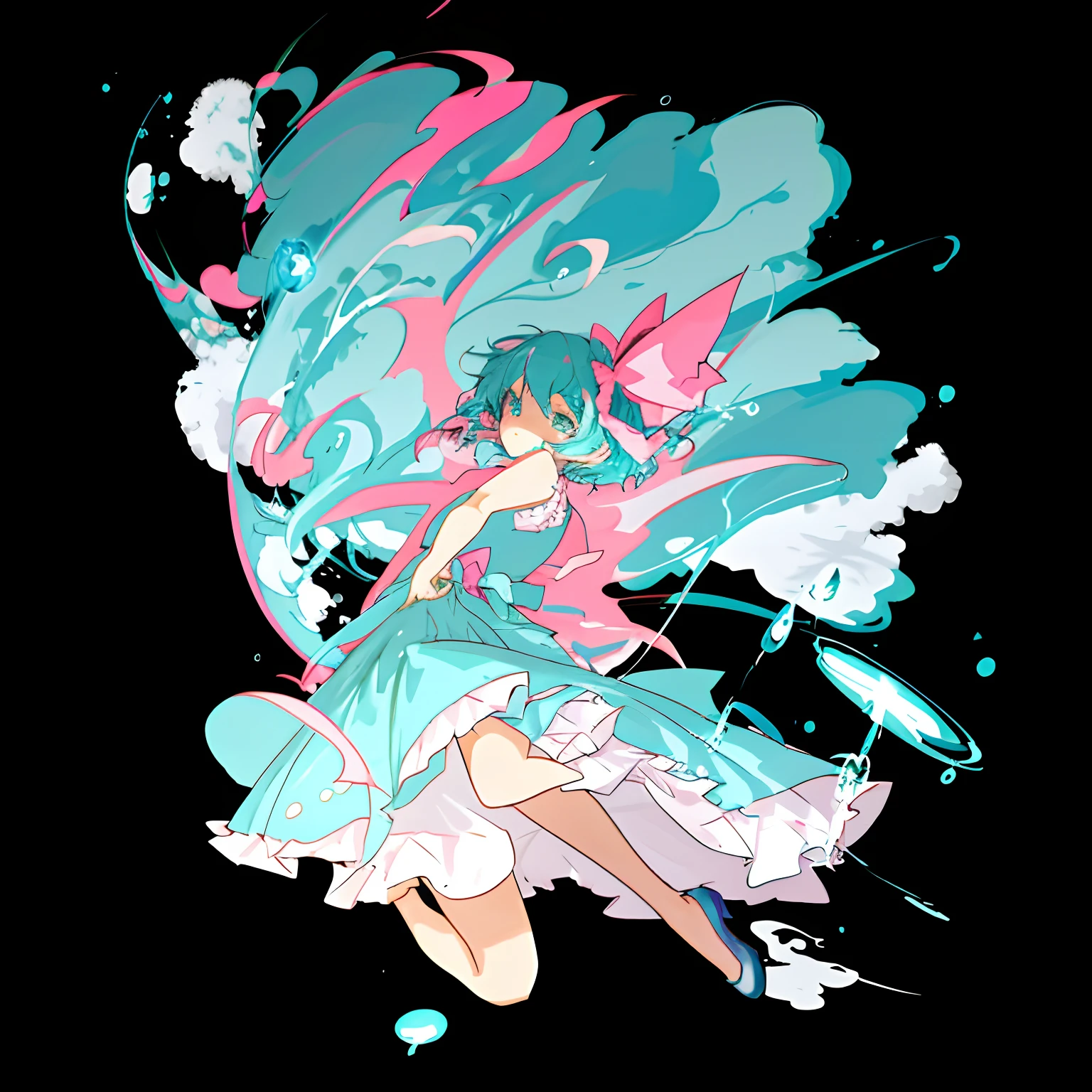 Anime girl in cyan-pink dress and water element, painttoolsai!! Blue, Hatsune Miku, Os amigos,  in dress, touhou character, painttool sai, anime moe art style, cute anime waifu in a nice dress, Anime girl with teal hair, Hatsune Miku short hair, she is floating in the air, made in paint tool sai2