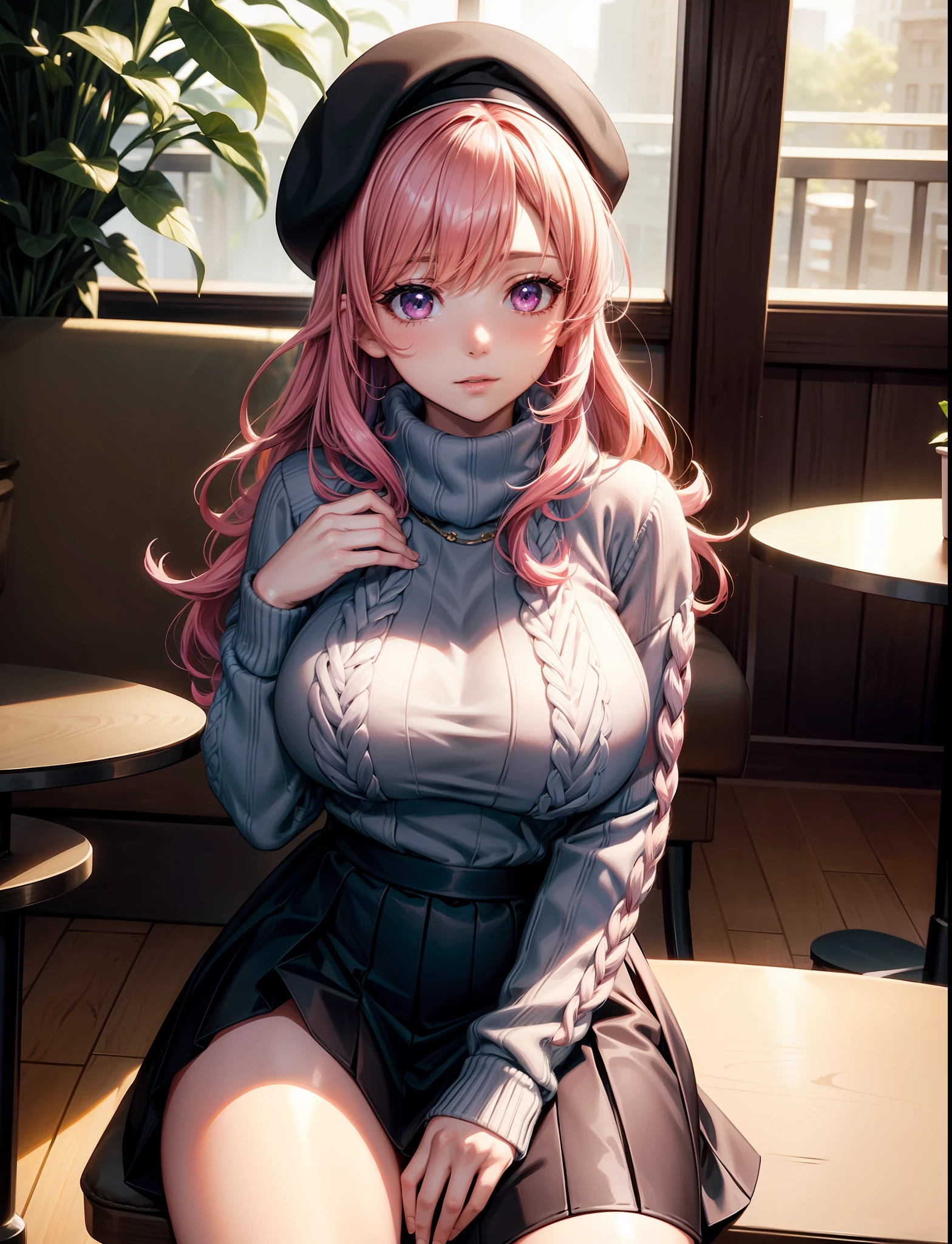 4k,  ,Lens flare, pink hair ,mascara, eyeliner, god rays, 4k, 8k, best quality, masterpiece, hyper detailed, intricate detail, 1girl, solo, detailed, Detailed fuchsia hair ++, detailed pink eyes ++,  raytracing, perfect shadow, highres, enhanced eyes,  huge breasts, horns, seductive,  hyper detailed, Whispers of Desire: In a quiet corner of a chic café, an anime girl leans in close to her date, sharing secrets and stories that spark desire. Her voice carries a tantalizing edge that leaves her date captivated.Embracing the cozy atmosphere of the café, the anime girl wears a chunky knit sweater over a knee-length skirt and patterned tights. She pairs the outfit with knee-high boots and a warm scarf. Loose Waves with Beret:
The anime girl's hair cascades in loose waves, adding a touch of effortless charm. She wears a beret slightly tilted to one side, framing her face and giving her a cozy yet stylish appearance. plants and tables in the background with other customers