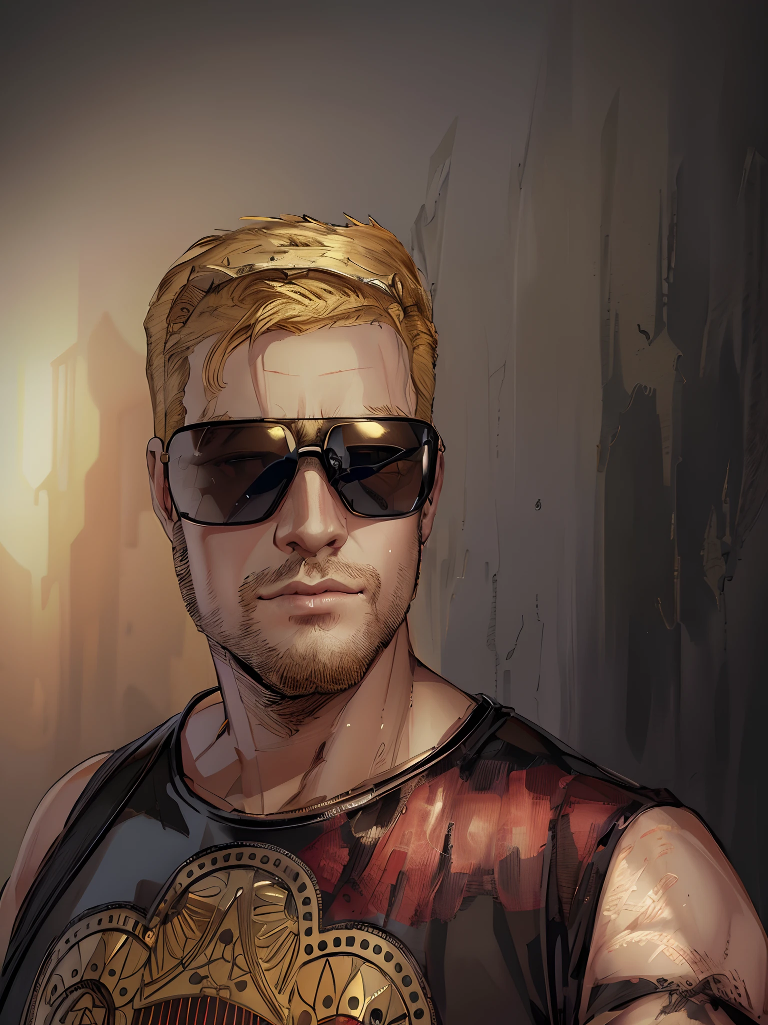 ashenhard style,ultra-detailed,highres,intricate detail,(best quality:1.2),(masterpiece:1.2),wallpaper,illustration,original, man, muscular, (duke nukem:1.1), sunglasses, crown, cool, blonde, short hair, portrait, closeup, crown, ikon,