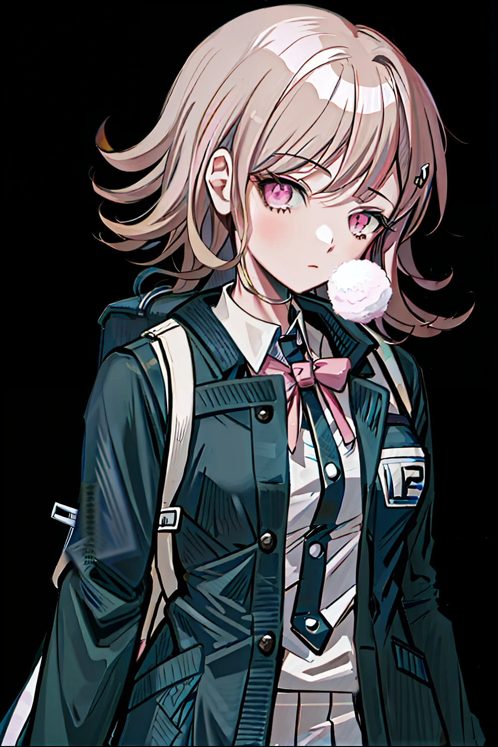 A close-up of a man carrying a backpack, chiaki nanami from danganronpa, digital art from danganronpa, akane owari danganronpa, Projectile theory broken,  An anime girl, Beautiful Anime High School Girls,pink short hair