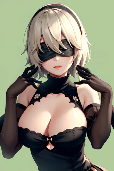 Yoha No. 2 Type B，1girl，wlop，（Blindfolded），nedium breasts，cleavage，cleavage cutout，clothing cutout，Green background，Hair between both eyes，shairband，A high resolution，Juliet sleeves，longer sleeves，nier（series），nier automata，Fluffy sleeves，Redlip，shaded fac...