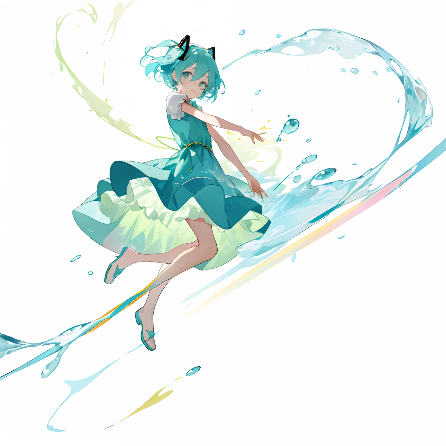 Anime girl in cyan dress and water element, painttoolsai!! Blue, Hatsune Miku, Os amigos, loli in dress, touhou character, painttool sai, anime moe art style, cute anime waifu in a nice dress, Anime girl with teal hair, Hatsune Miku short hair, she is floating in the air, made in paint tool sai2，Whole body diagram