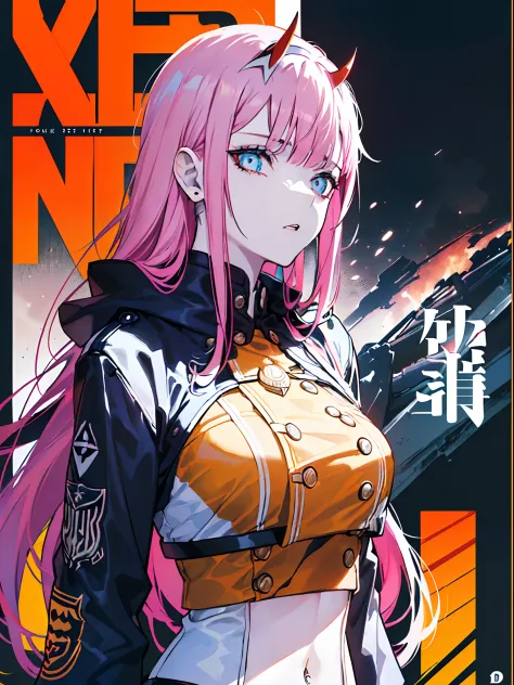 ((((Dramatic)))、(((gritty)))、(((vehement))), Zero Two, Movie poster featuring a young woman as the main character。She stands con...