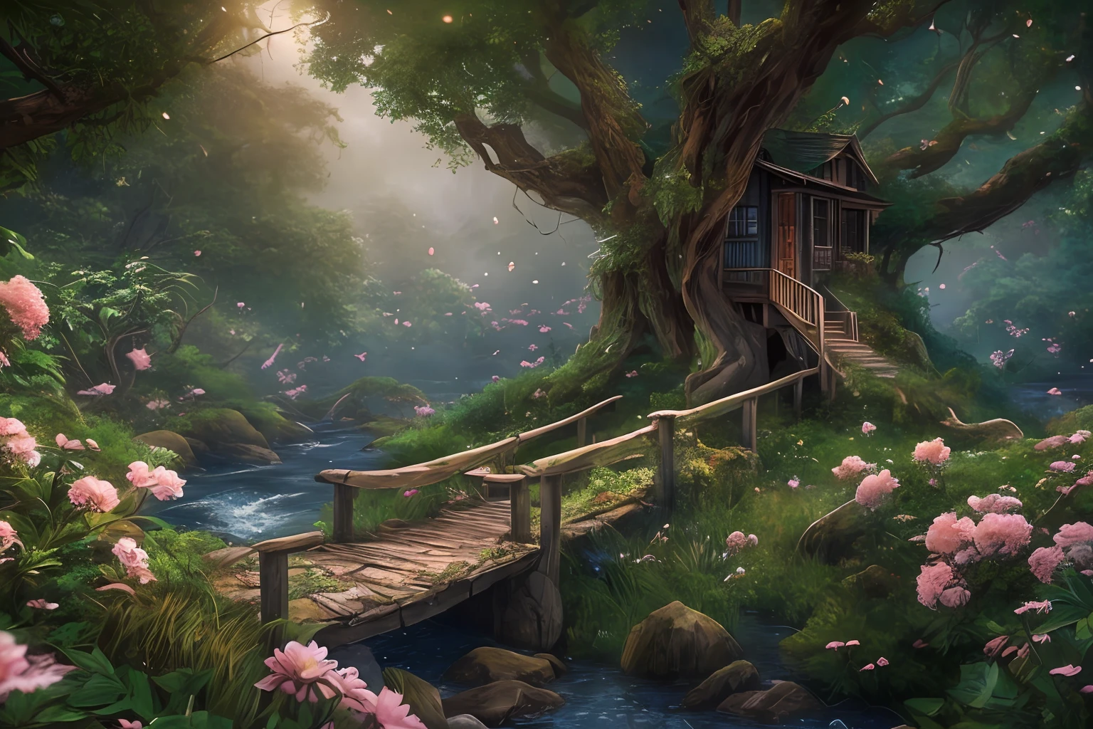 awardwinning, concept-art, fine art, epic fantasy digital art, bird's eyes view，Cinematic lighting,Downward view，super wide shot，Viewing angle from afar，depth of fields，The beauty of the fairytale forest，waterfallr，Quaint, Picturesque, Rustic, Lush big breasts, ((lawns)), ((Peach blossom tree:1.2)), Small rivers, ((Many tree houses)), ((The tree house is connected to the tree house by a wooden bridge)), ((Ivy is intricate)), Epic, ((Cinematic lighting)), High quality, High contrast, Realistic lighting,4K textures, photolab, hdr, ((iintricate)), elegant, Highly detailed, Sharp focus, insanely details, Intricate details, ultra - detailed, Harsh movie light, Outdoor atmosphere,tmasterpiece，best qualtiy，（Very detailed CG unity 8K wallpaper），（best qualtiy），（Most Best Illustration），（Best shadow），glowing sprites，Natural elements in the forest theme。Mysterious Forest，Beautiful forest，naturey，surrounded by flower，Delicate leaves and branches are surrounded by fireflies（nature elements），（Jungle theme），（Foliage），（tree branch），（Particle effect）wait。3D ，  Ray traching，