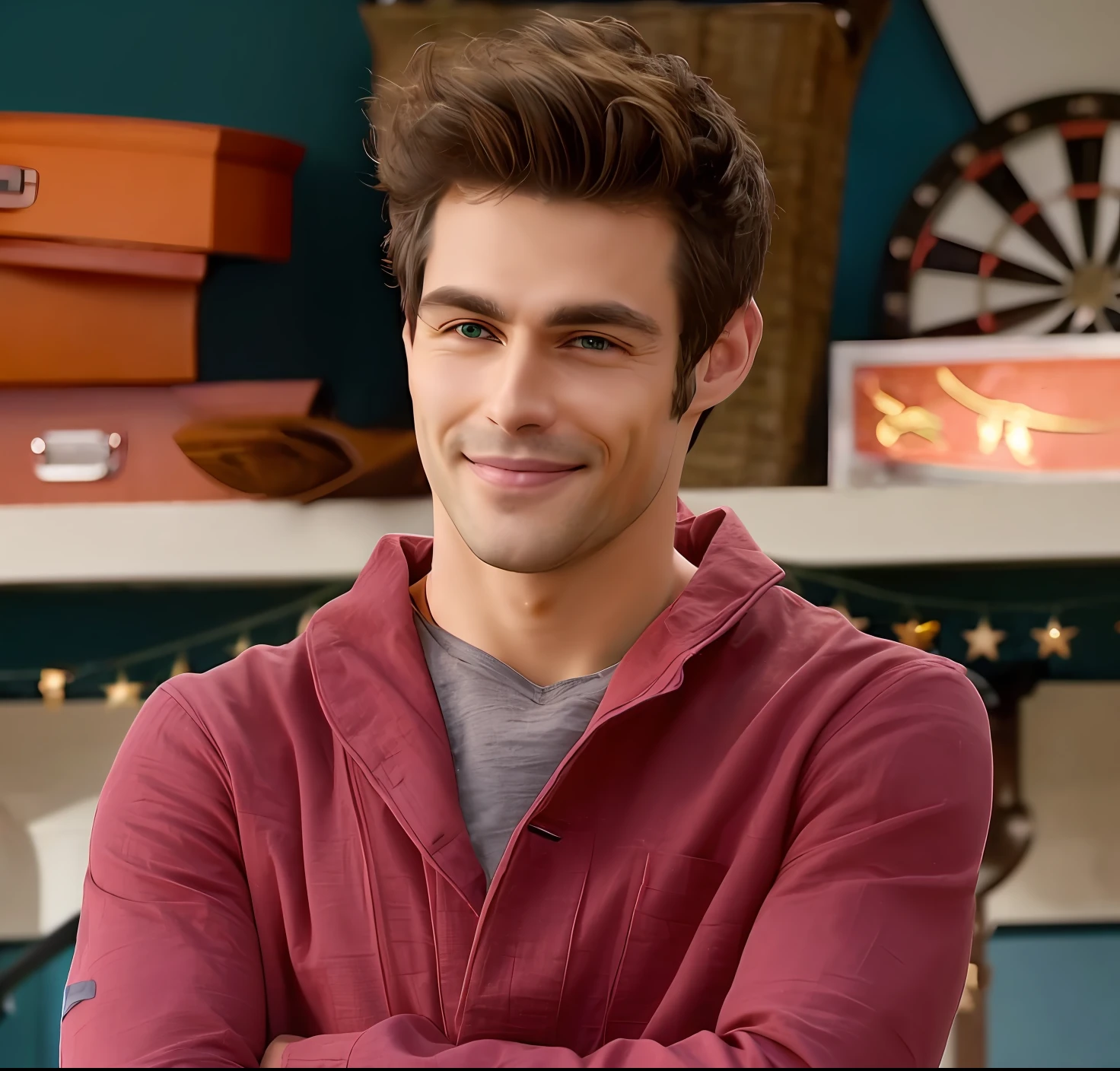 smiling man, dark hair, green eyes, red shirt