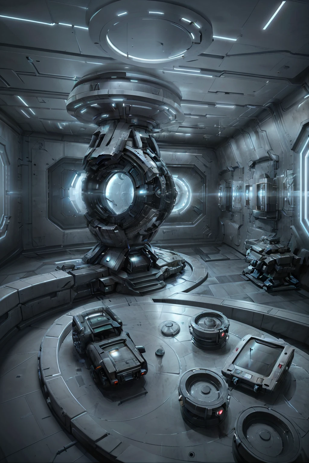 A sci-fi room with all kinds of technological equipment, surreal sci fi set design, sci - fi interior, sci-fi night club, scifi room, Sci-fi style, science fiction digital art, stefan koidl inspired, futuristic hall, Science-fi digital art illustration, scifi style, sci - fi look, science fiction digital painting