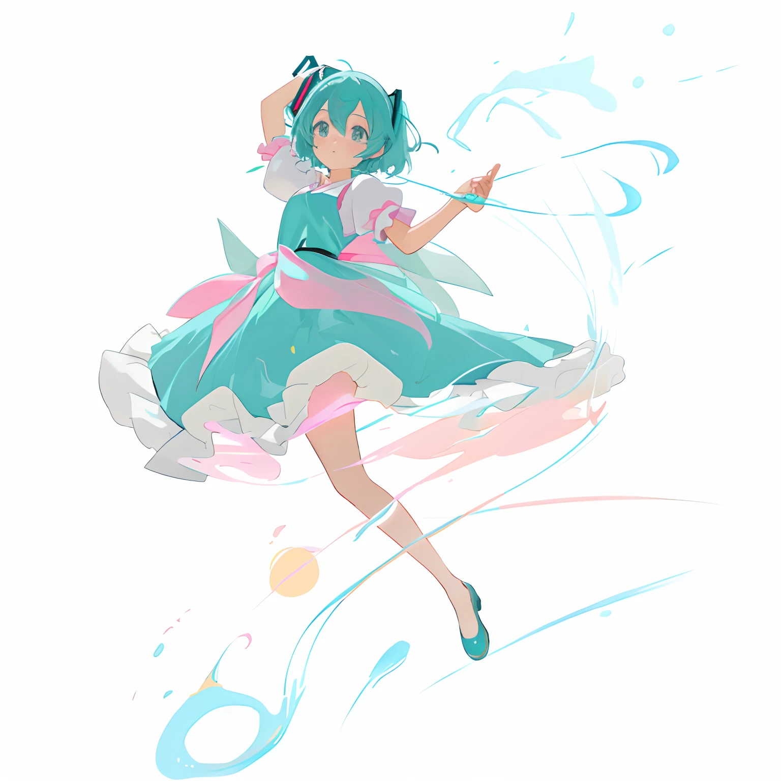 Anime girl in cyan-pink dress and water element, painttoolsai!! Blue, Hatsune Miku, Os amigos,  in dress, touhou character, painttool sai, Anime moe art style, cute anime waifu in a nice dress, Anime girl with teal hair, Hatsune Miku short hair, she is floating in the air, made in paint tool sai2，Whole body diagram