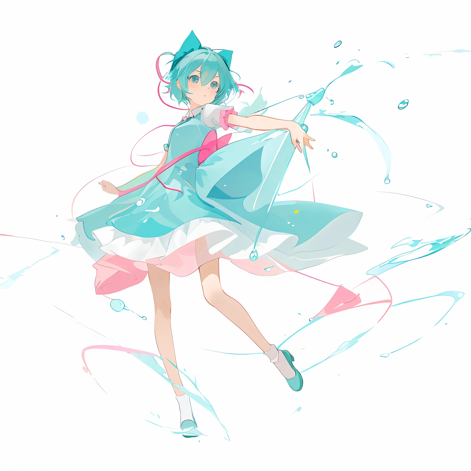 Anime girl in cyan-pink dress and water element, painttoolsai!! Blue, Hatsune Miku, Os amigos, loli in dress, touhou character, painttool sai, Anime moe art style, cute anime waifu in a nice dress, Anime girl with teal hair, Hatsune Miku short hair, she is floating in the air, made in paint tool sai2，Whole body diagram