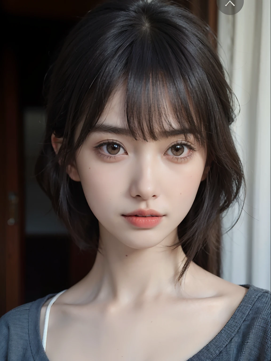 Close up portrait of woman with gray shirt and black hair, cute natural anime face, the face of a beautiful Japanese girl, girl cute-fine-face, Stunning anime face portrait, short brown hair and large eyes, kawaii realistic portrait, neat hair with bangs, real life anime girl, with short hair with bangs, short brown hair with bangs, With short hair