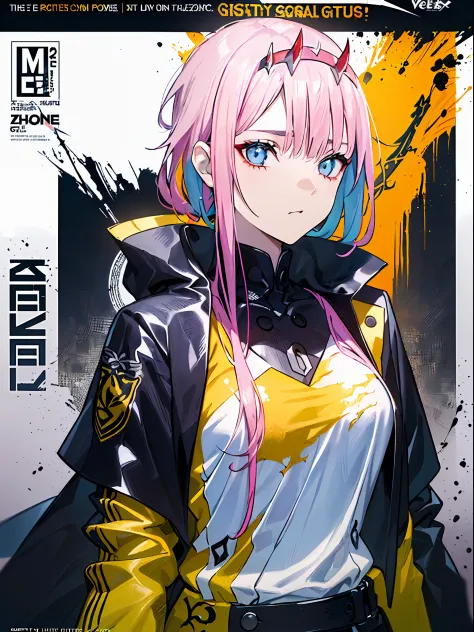 ((((Dramatic)))、(((gritty)))、(((vehement))), Zero Two, Movie poster featuring a young woman as the main character。She stands con...