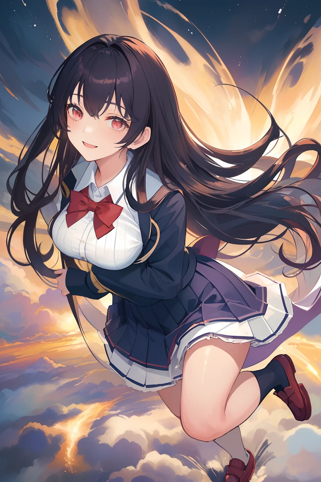 ((​masterpiece)), ((Top image quality)), 4K, illustratio, 1人の女性, Semi-long and twin-tailed hairstyles, A big smile, high-school uniform, Skirts that flip in the wind, High resolution or glowing eyes, large full breasts, Fluffy clothes, Coast at night