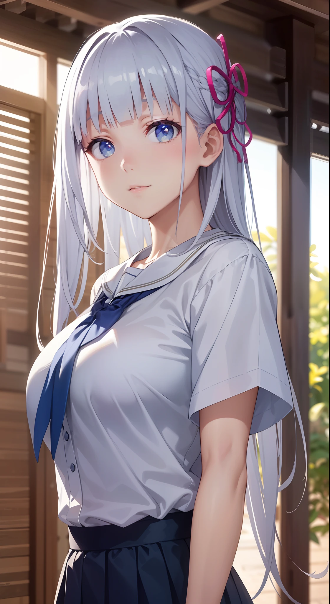 hair ornament, very long hair, japanese clothes, professional artwork, Intricate Details, field of view, sharp focus, detailed painting, photorealistic lighting, trending on pixiv, Standing at attention, ((school girl, summer school outfit)), ((large breasts:1,3)), Beautiful body,Beautiful Nose,Beautiful character design, perfect eyes, perfect face, looking at viewer, SFW,official art,extremely detailed CG unity 8k wallpaper, perfect lighting,Colorful, Bright_Front_face_Lighting, (masterpiece:1.0),(best_quality:1.0), ultra high res,4K,ultra-detailed, photography, 8K, HDR, highres, absurdres:1.2, Kodak portra 400, film grain, blurry background, bokeh:1.2, lens flare, (vibrant_color:1.2), shikkoku_yorihime, (seductive look), ((looking at viewer, front body pose))