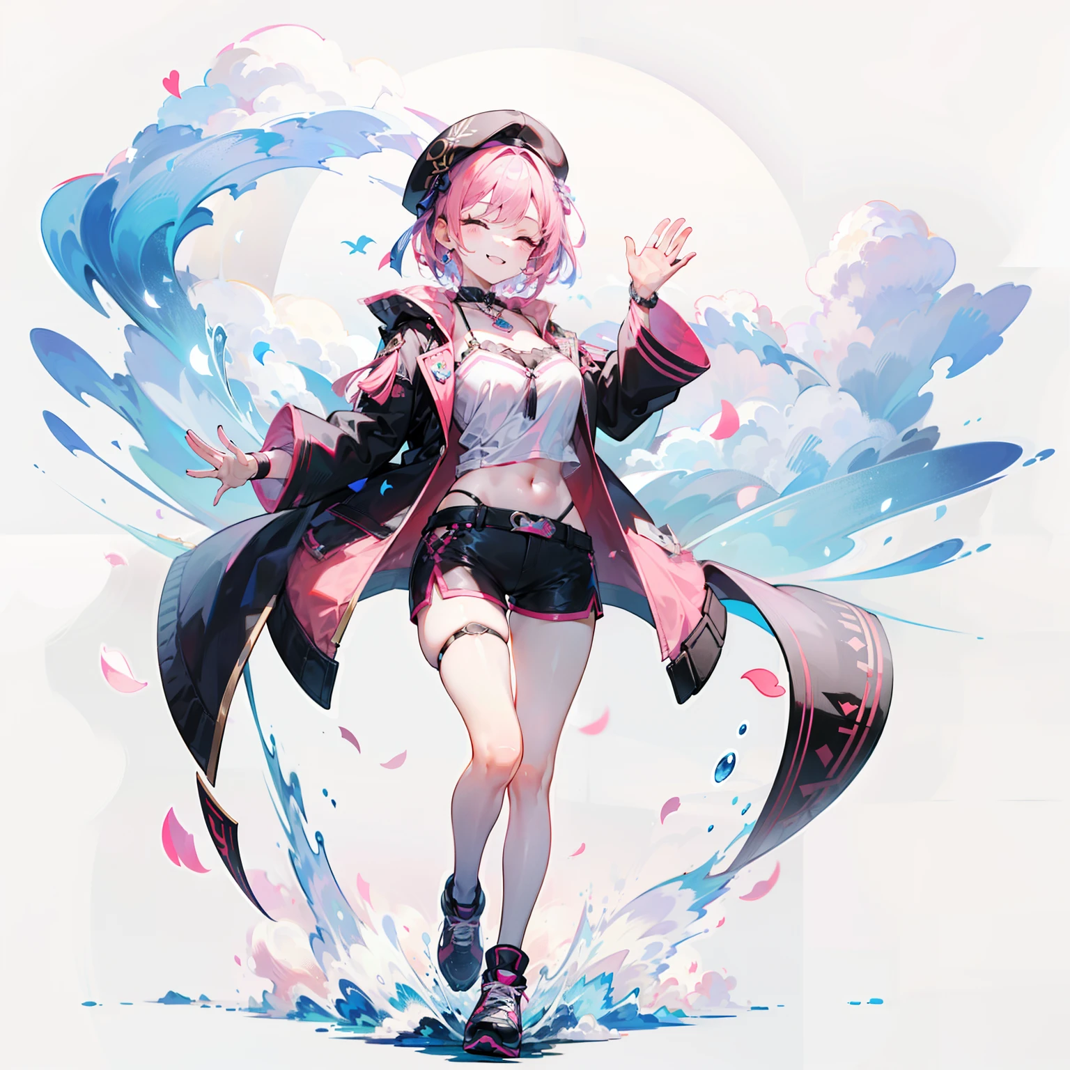 1girll，独奏，[[[full bodyesbian]]]，standing on your feet，（pink short hair），(Heads-up)，（beret），（Pink and black punk jacket） ，（（Short hot pants）），ssmile，Waving，((Squint and smile))，Fluttering petals，[White background 1：：5]，flatchest，Flowing pink clouds，Toddler body type，废墟，Short height,kiddy big breasts，teens girl