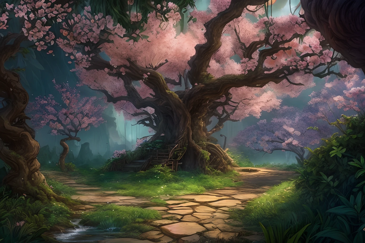 awardwinning, concept-art, fine art, epic fantasy digital art, bird's eyes view，Cinematic lighting,Downward view，super wide shot，Viewing angle from afar，depth of fields，The beauty of the fairytale forest，waterfallr，Quaint, Picturesque, Rustic, Lush big breasts, ((lawns;1.3)), ((Peach blossom tree:1.5)), Small rivers, ((Many tree houses)), ((The tree house is connected to the tree house by a wooden bridge)), ((Ivy is intricate)), Epic, ((Cinematic lighting)), High quality, High contrast, Realistic lighting,4K textures, photolab, hdr, ((iintricate)), elegant, Highly detailed, Sharp focus, insanely details, Intricate details, ultra - detailed, Harsh movie light, Outdoor atmosphere,tmasterpiece，best qualtiy，（Very detailed CG unity 8K wallpaper），（best qualtiy），（Most Best Illustration），（Best shadow），glowing sprites，Natural elements in the forest theme。Mysterious Forest，Beautiful forest，naturey，surrounded by flower，Delicate leaves and branches are surrounded by fireflies（nature elements），（Jungle theme），（Foliage），（tree branch），（Particle effect）wait。3D ，  Ray traching，