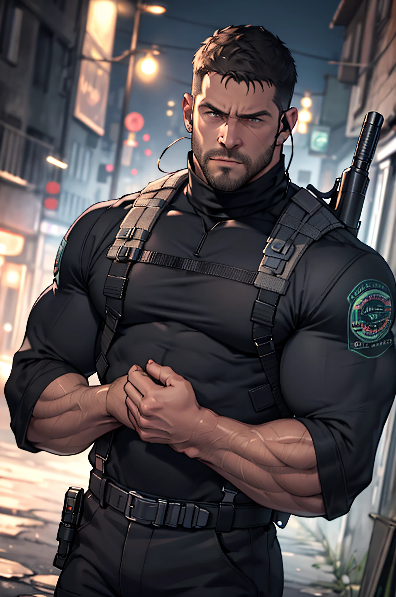Dark gothic village in the background, old Chris Redfield from Resident Evil 8, 48 year old, muscular male, tall and hunk, biceps, abs, chest, black cold turtleneck, black trousers, suspenders, earpiece, belt, thick beard, holding an assault rifle, cold face, video games style, high resolution:1.2, best quality, masterpiece, dark nightime, dark atmosphere, shadow, upper body shot