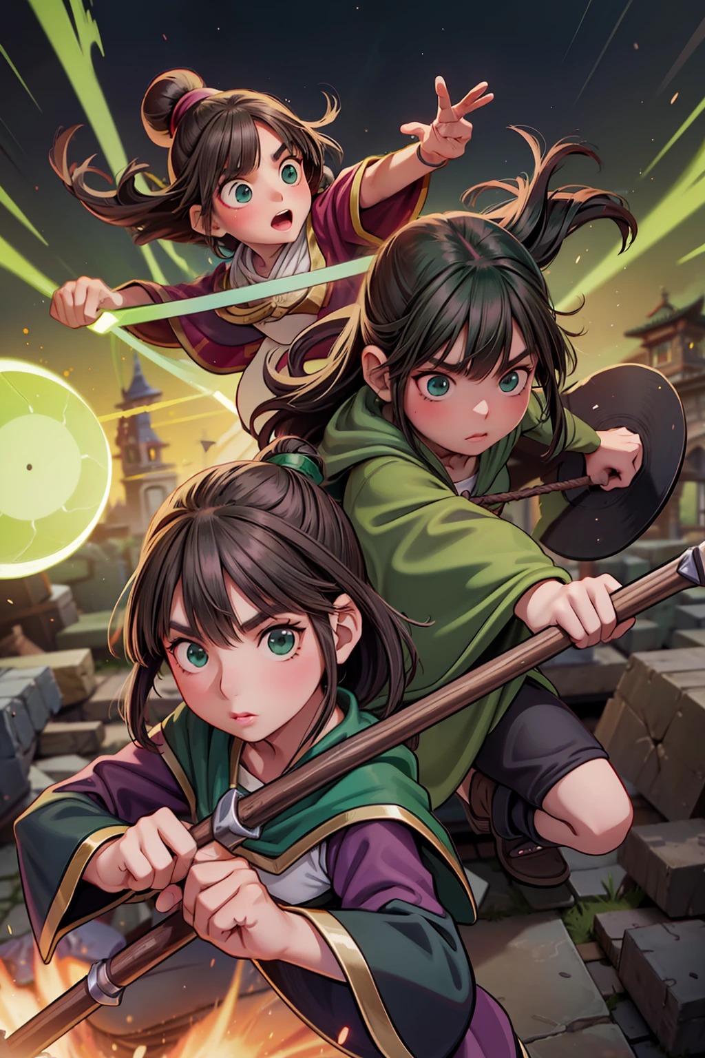 Megumin archimage (Have brunette color hair and dark green eyes) and her daughter  Esmeralda archmage's apprentice (Have brunette color hair and dark green eyes, wearing sorcerer hats, medieval city, fight against enemy,