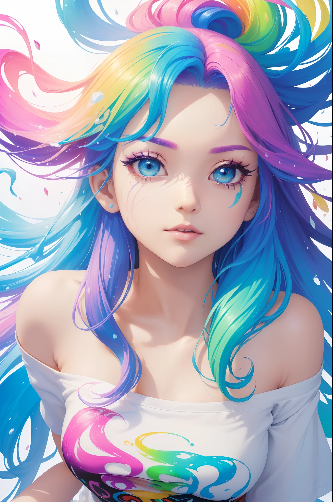 （Pink Fashion T-shirt：1.9），(Colorful hair: 1.8), (all the colours of the rainbow: 1.8),(((((vertical painting：1.6))), （painting：1.6），front, comics, illustrations, paintings, large eyes, crystal clear eyes,（ rainbow color gradient high ponytail：1.7）, exquisite makeup, closed mouth,(Small Fresh: 1.5),(Wipe Chest: 1.6) ，long eyelashes, white off shoulder T-shirt,  White Shoulder Shirt，looking at the audience, large watery eyes, (rainbow colored hair：1.6), color splash, （solo：1.8）, color splash, color explosion, thick paint style, messy lines, ((shining))，(colorful), (colorful), (colorful), colorful, Thick Paint Style, (Splash) (Color Splash), Vertical Painting, Upper Body, Paint Splash, Acrylic Pigment, Gradient, Paint, Highest Image Quality, Highest Quality, Masterpiece, Solo, Depth of Field, Face Paint,  colorful clothes, (Elegant: 1.2), gorgeous,long hair, wind, (Elegant: 1.3), (Petals: 1.4)，(((masterpiece))),(((best quality))),((ultra-detailed)),(illustration),(dynamic angle),((floating)),(paint),((disheveled hair)),(solo),(1girl) , (((detailed anima face))),((beautiful detailed face)),collar,bare shoulders,white hair, ((colorful hair)),((streaked hair)),beautiful detailed eyes,(Gradient color eyes),(((colorful eyes))),(((colorful background))),(((high saturation))),(((surrounded by colorful splashes))), 
Flowing water realcumAI