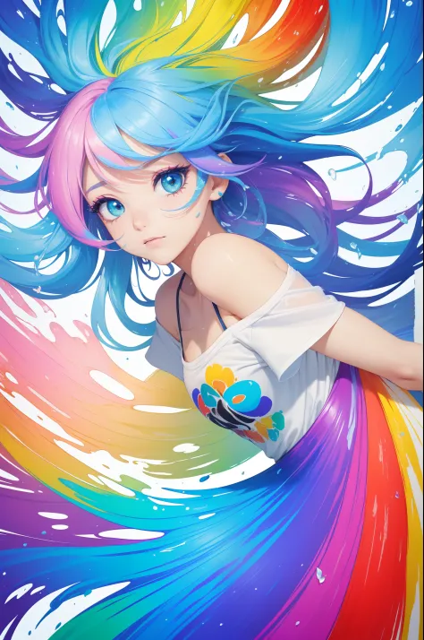 （Pink Fashion T-shirt：1.9），(Colorful hair: 1.8), (all the colours of the rainbow: 1.8),(((((vertical painting：1.6))), （painting：...
