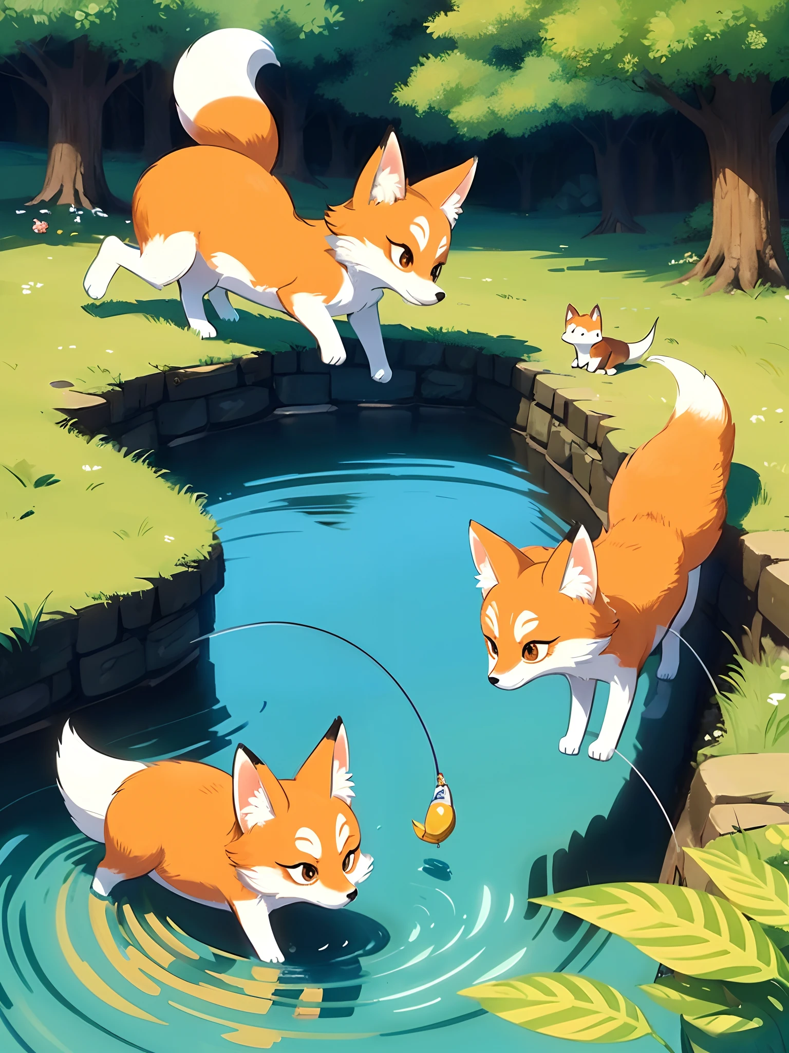 Above all，She meets Felix, A clever and witty little fox。Felix catches fish by the stream，His tail flicked around，Flexible as a snake，Disney  style，Animate，Cartoony