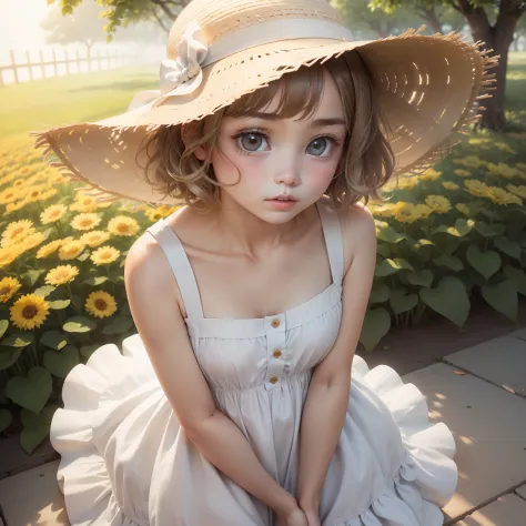 Adolescent girls，Hair has short hair, air bangs, fluffy hair，wearing a cute white dress，Wearing a straw hat，The expression is innocent and cute，rays of sunshine，Big eyes