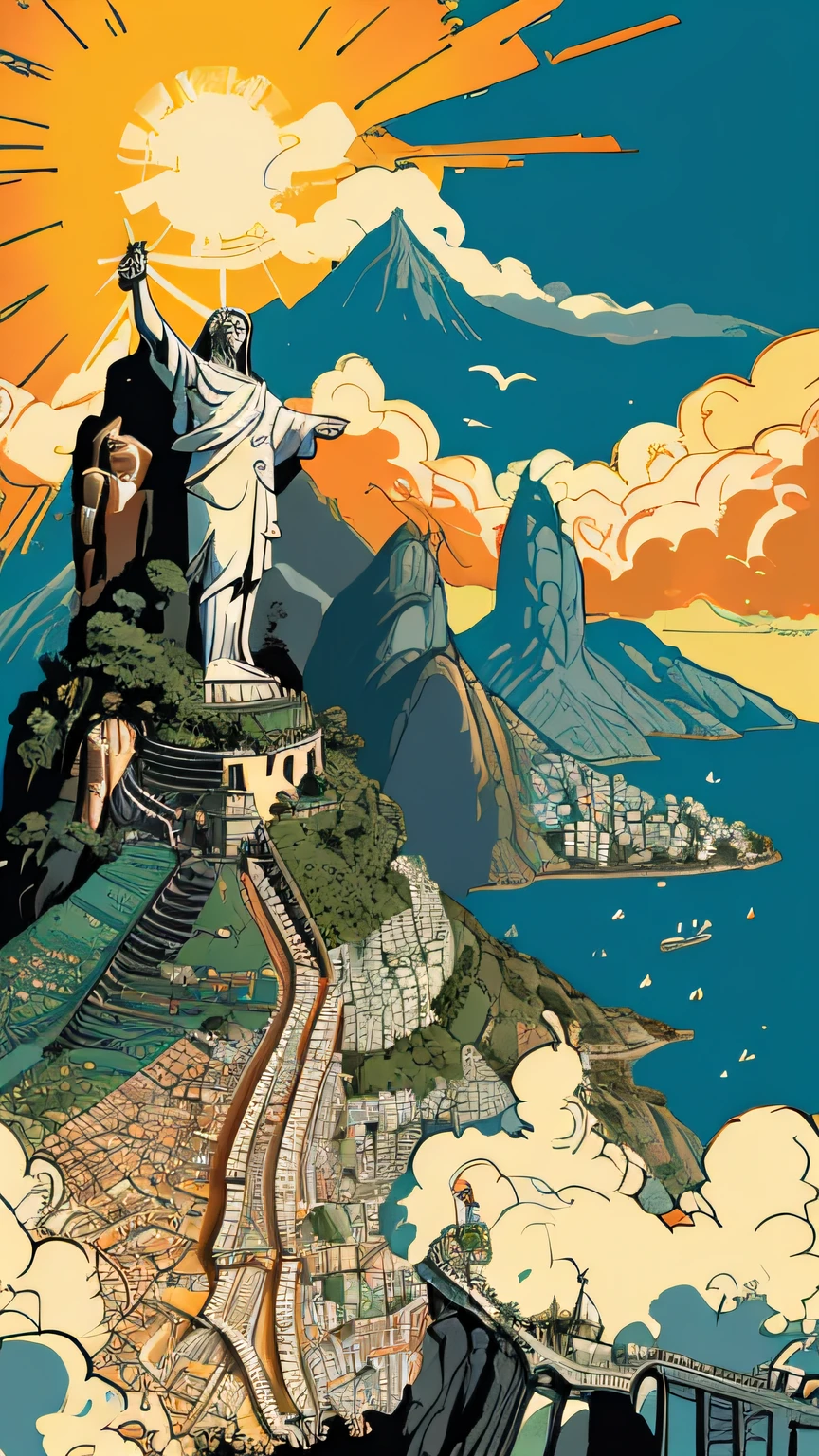 El caótico y maximalista Cristo Redentor de la ciudad de Río de Janeiro, vista panorámica, ilustrada por Herg, lata, Pluma y tinta al estilo de los cómics