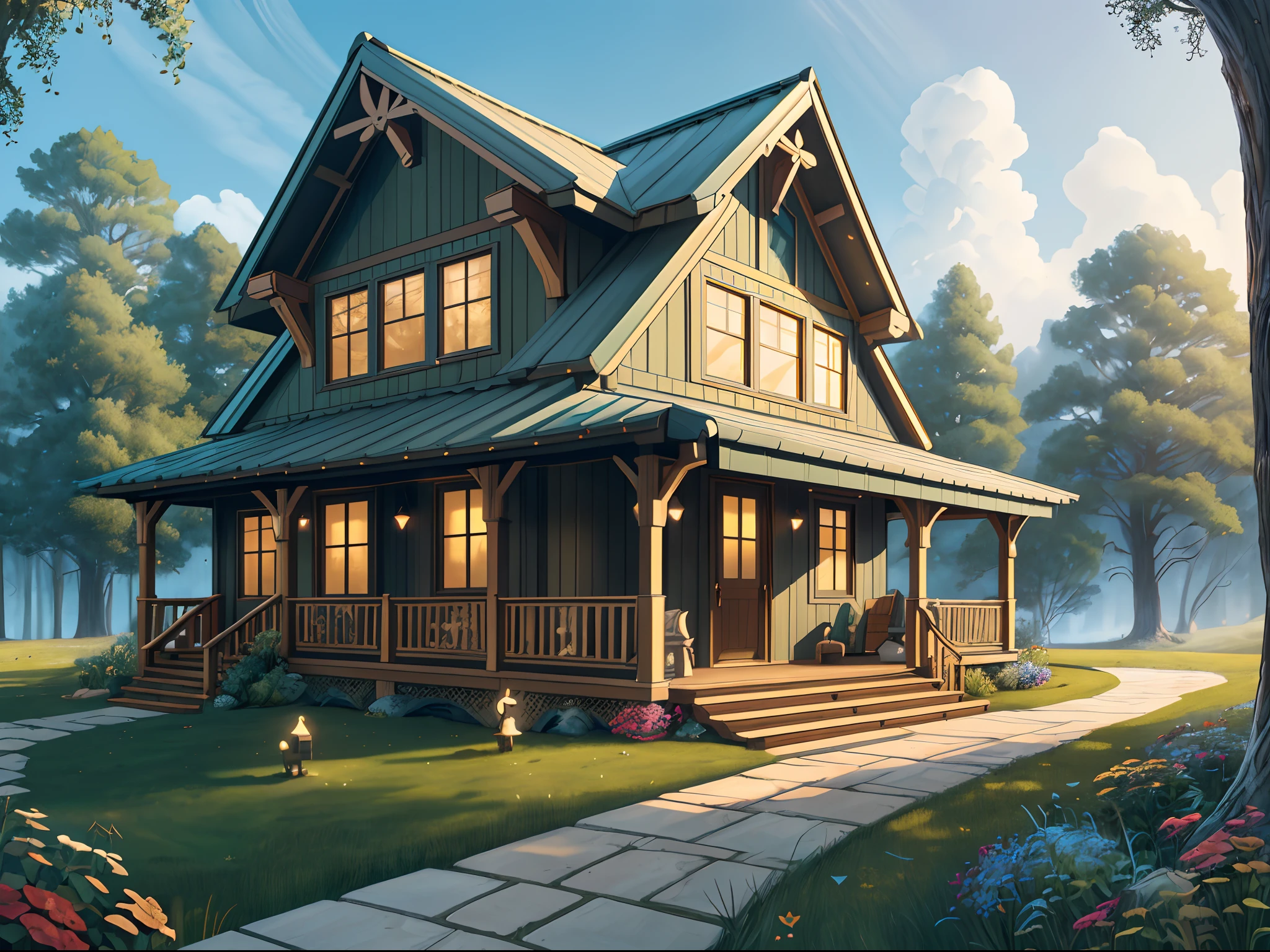 (masterpiece),(best quality),(ultra-detailed), luxurious cottage with covered porch, cottagecore, idyllic ambience, modern beautiful house, peaceful scenery, wonderful masterpiece, cute cartoon world, beautiful background