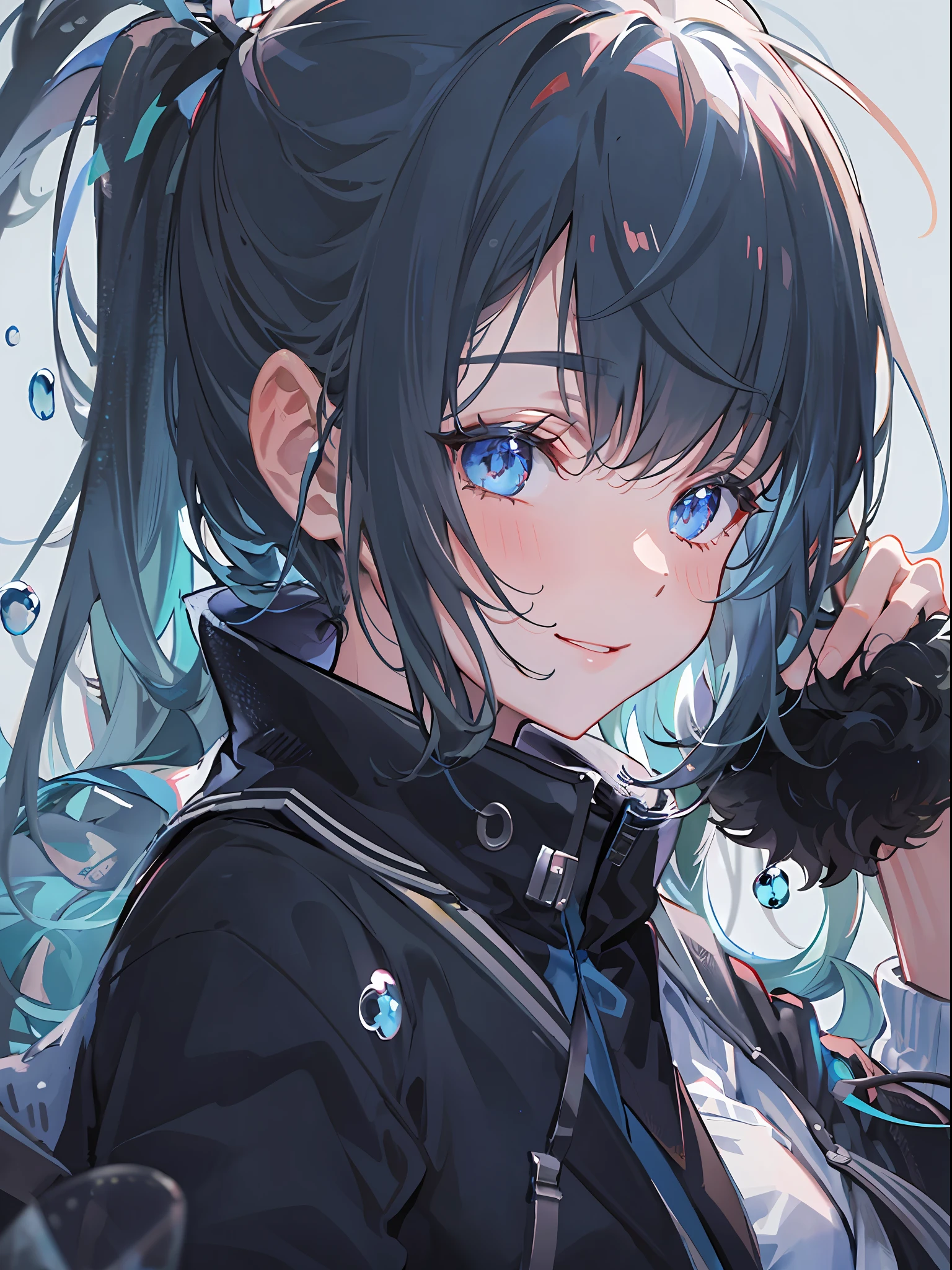 ((top-quality)), ((​masterpiece)), ((ultra-detailliert)), (extremely delicate and beautiful), girl with, 独奏, cold attitude,((Black jacket)),She is very(relax)with  the(Settled down)Looks,A dark-haired, depth of fields,evil smile,Bubble, under the water, Air bubble,bright light blue eyes,Inner color with black hair and light blue tips,Cold background,Bob Hair - Linear Art, shortpants、knee high socks、White uniform like school uniform、Light blue ribbon ties、Clothes are sheer、Hands in pockets、Ponytail hair、