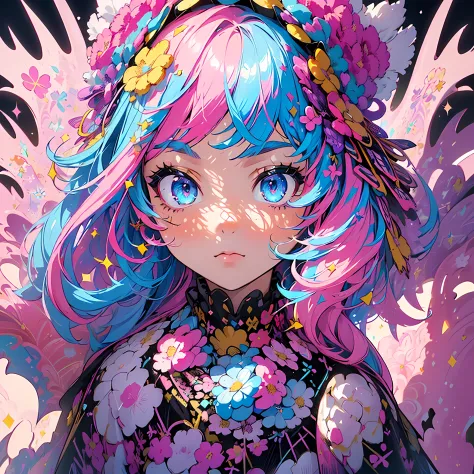 (flowercrown),(1girl in, Solo:1.6),(Best Impact:1.5), (maximalism:1.7),Vivid contrast, (Realistic), hyperrealistic illustrations...