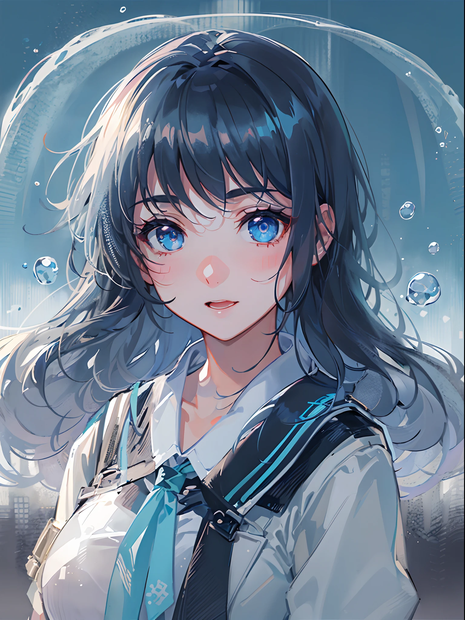 ((top-quality)), ((​masterpiece)), ((Ultra-detail)), (extremely delicate and beautiful), girl with, solo, cold attitude,((Black jacket)),She is very(relax)with  the(Settled down)Looks,A darK-haired, depth of fields,evil smile,Bubble, under the water, Air bubble,bright light blue eyes,Inner color with black hair and light blue tips,Cold background,Bob Hair - Linear Art, a miniskirt、knee high socks、White uniform like 、Light blue ribbon ties、Clothes are sheer、Hands in pockets、Half Up Hair