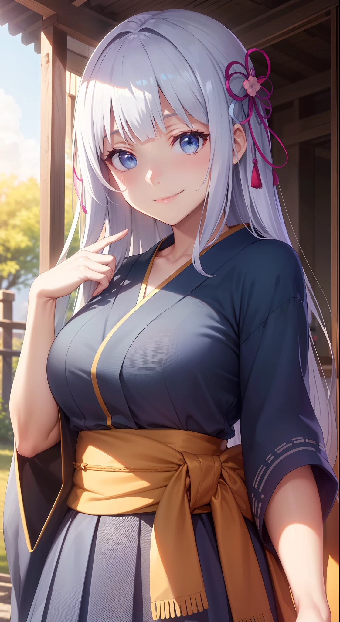 hair ornament, very long hair, japanese clothes, professional artwork, Intricate Details, field of view, sharp focus, detailed painting, photorealistic lighting, trending on pixiv, Standing at attention, ((school girl, summer school outfit)), ((large breasts:1,3)), Beautiful body,Beautiful Nose,Beautiful character design, perfect eyes, perfect face, looking at viewer, SFW,official art,extremely detailed CG unity 8k wallpaper, perfect lighting,Colorful, Bright_Front_face_Lighting, (masterpiece:1.0),(best_quality:1.0), ultra high res,4K,ultra-detailed, photography, 8K, HDR, highres, absurdres:1.2, Kodak portra 400, film grain, blurry background, bokeh:1.2, lens flare, (vibrant_color:1.2), shikkoku_yorihime, (happy smile, cheers), ((looking at viewer, front body pose))