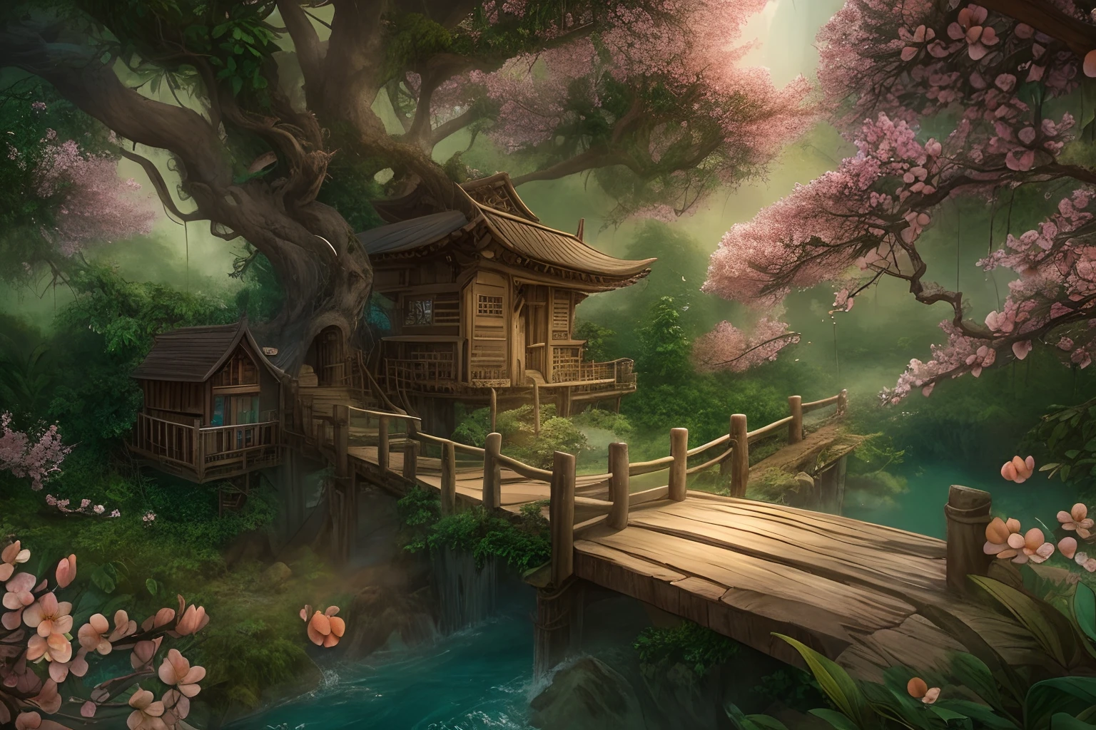 awardwinning, concept-art, fine art, epic fantasy digital art, bird's eyes view，Cinematic lighting,Downward view，super wide shot，Viewing angle from afar，depth of fields，The beauty of the fairytale forest，waterfallr，Quaint, Picturesque, Rustic, Lush big breasts, ((lawns;1.5)), ((Peach blossom tree:1.5)), Small rivers, ((Many tree houses)), ((The tree house is connected to the tree house by a wooden bridge)), ((Ivy is intricate)), Epic, ((Cinematic lighting)), High quality, High contrast, Realistic lighting,4K textures, photolab, hdr, ((iintricate)), elegant, Highly detailed, Sharp focus, insanely details, Intricate details, ultra - detailed, Harsh movie light, Outdoor atmosphere,tmasterpiece，best qualtiy，（Very detailed CG unity 8K wallpaper），（best qualtiy），（Most Best Illustration），（Best shadow），glowing sprites，Natural elements in the forest theme。Mysterious Forest，Beautiful forest，naturey，surrounded by flower，Delicate leaves and branches are surrounded by fireflies（nature elements），（Jungle theme），（Foliage），（tree branch），（Particle effect）wait。3D ，  Ray traching，