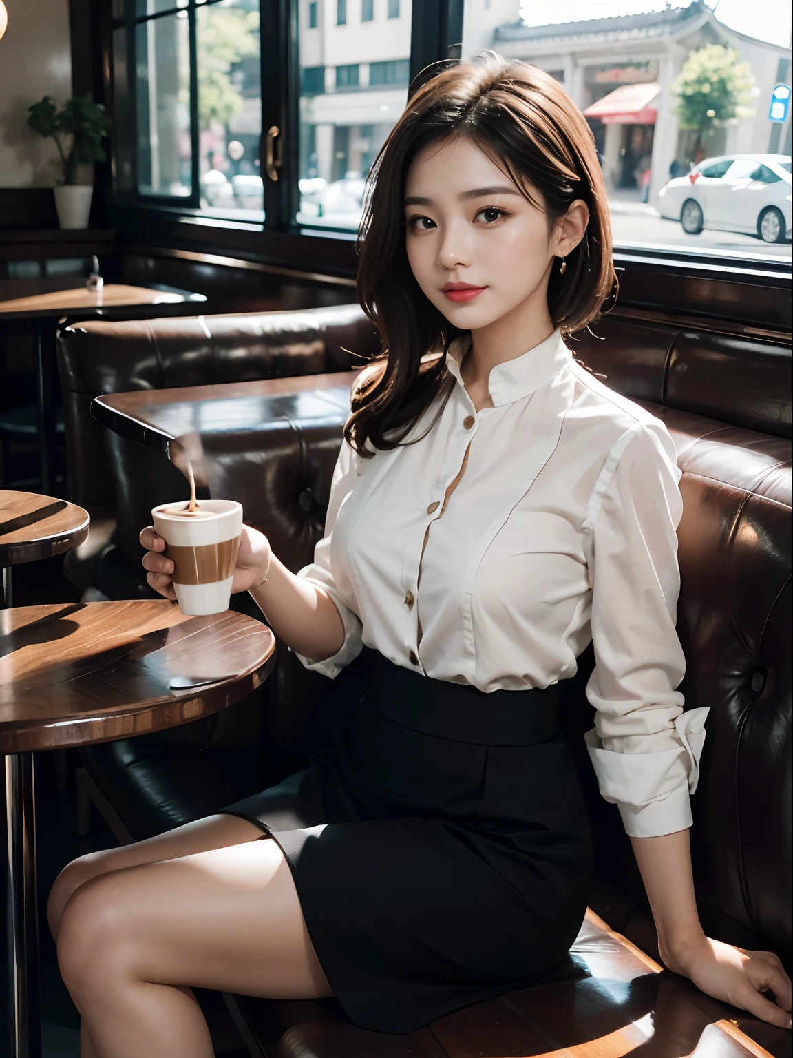 Uma elegante mulher de colarinho branco de 30 anos está sentada em uma cafeteria tomando café , Maquiagem Delicada , Chinês feminino , Lente Canon 35mm , fotorrealista , Uma fotografia ,4K