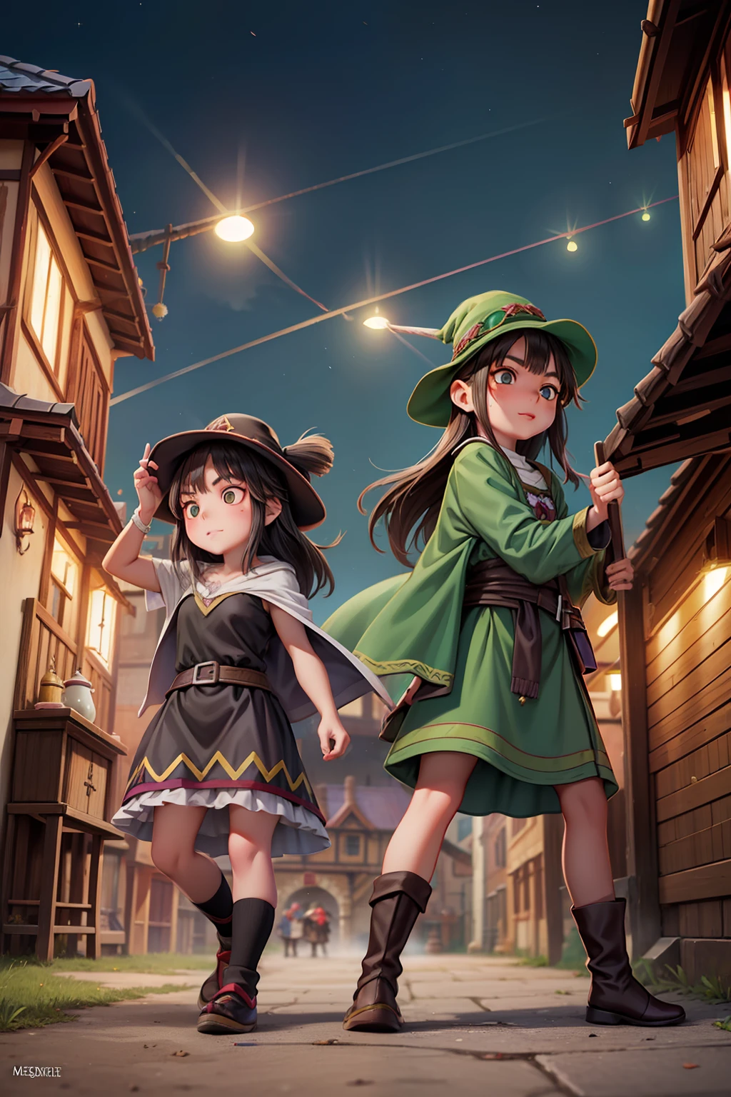 Archimaga Megumin y su hija de 13 años, Esmeralda, aprendiz de archimaga. (Tiene cabello color castaño y ojos verde oscuro., usando sombreros de brujo, ciudad medieval, luchar contra el enemigo,