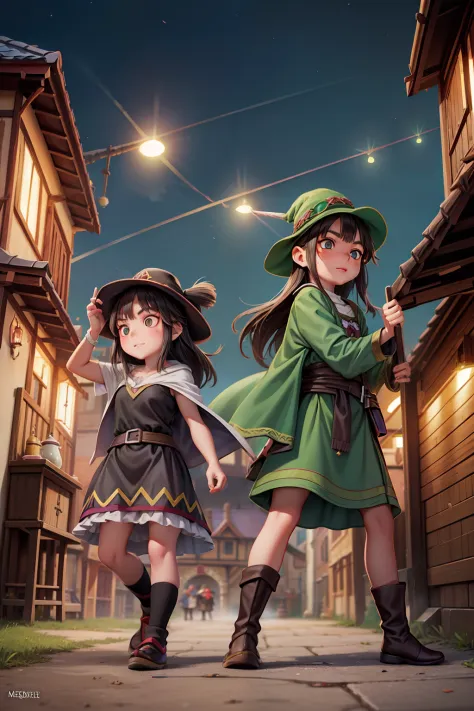 Megumin archimage and her daughter 13 years old Esmeralda archmage's apprentice (Have brunette color hair and dark green eyes, w...