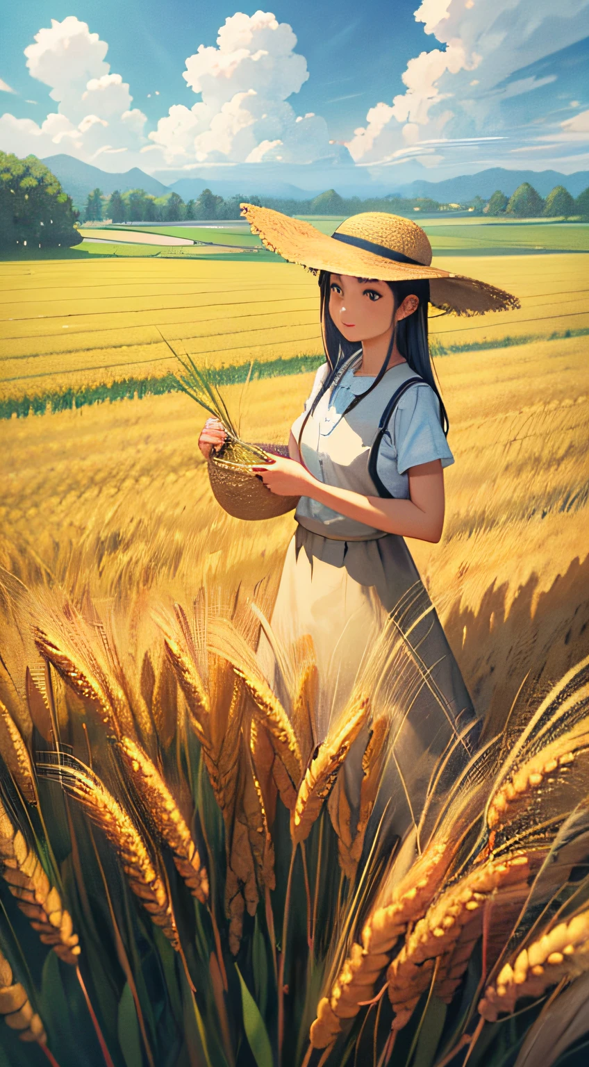 Wheat field, a farmer uncle with a straw hat standing in a wheat field, big clouds, blue sky, rice field, neat rice seedlings in the field, forest, hillside, secluded, rural, HD detail, hyper-detail, cinematic, surrealism, soft light, deep field focus bokeh, ray tracing and surrealism. --v6