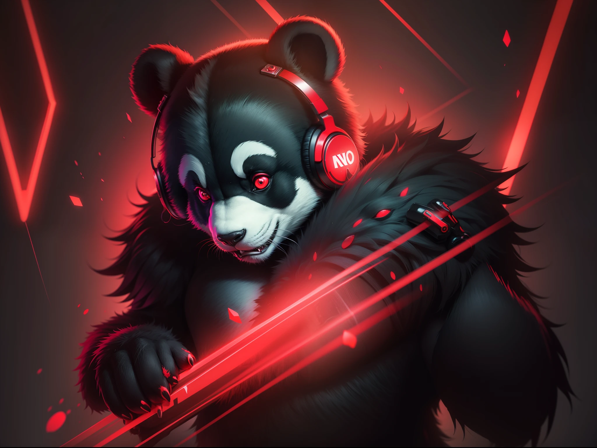 Animal panda neon red insane demonic horror with 8k headphone - SeaArt AI