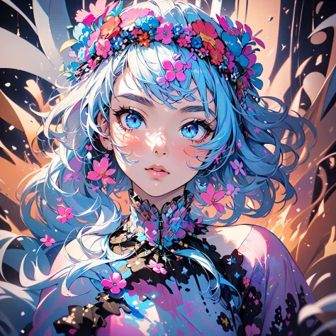 (flowercrown),(1girl in, solo:1.6),(best impact:1.5), (maximalism:1.7),vivid contrast, (realistic), hyperrealistic illustrations...