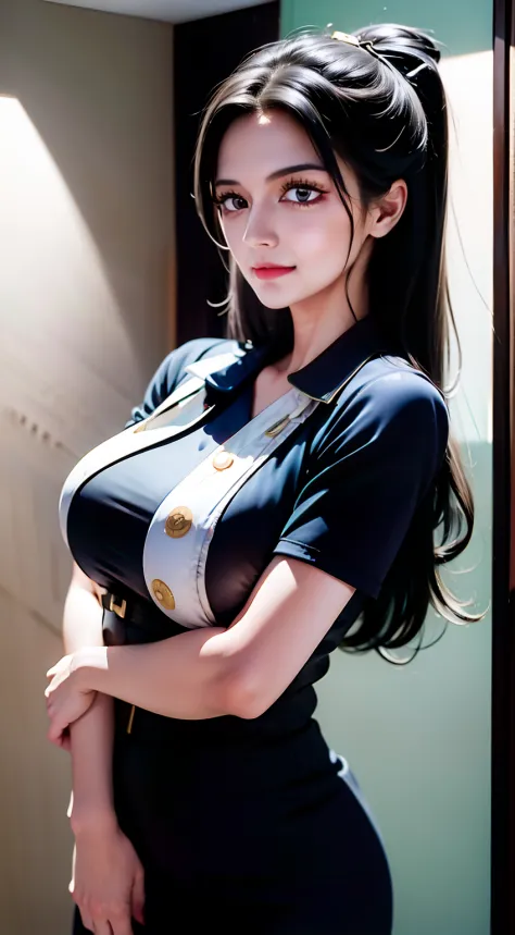 a woman, nico robin from anime one piece, black hair, long hair, hair tie, big boobs, perfect body, standing, tall, tall woman, ...
