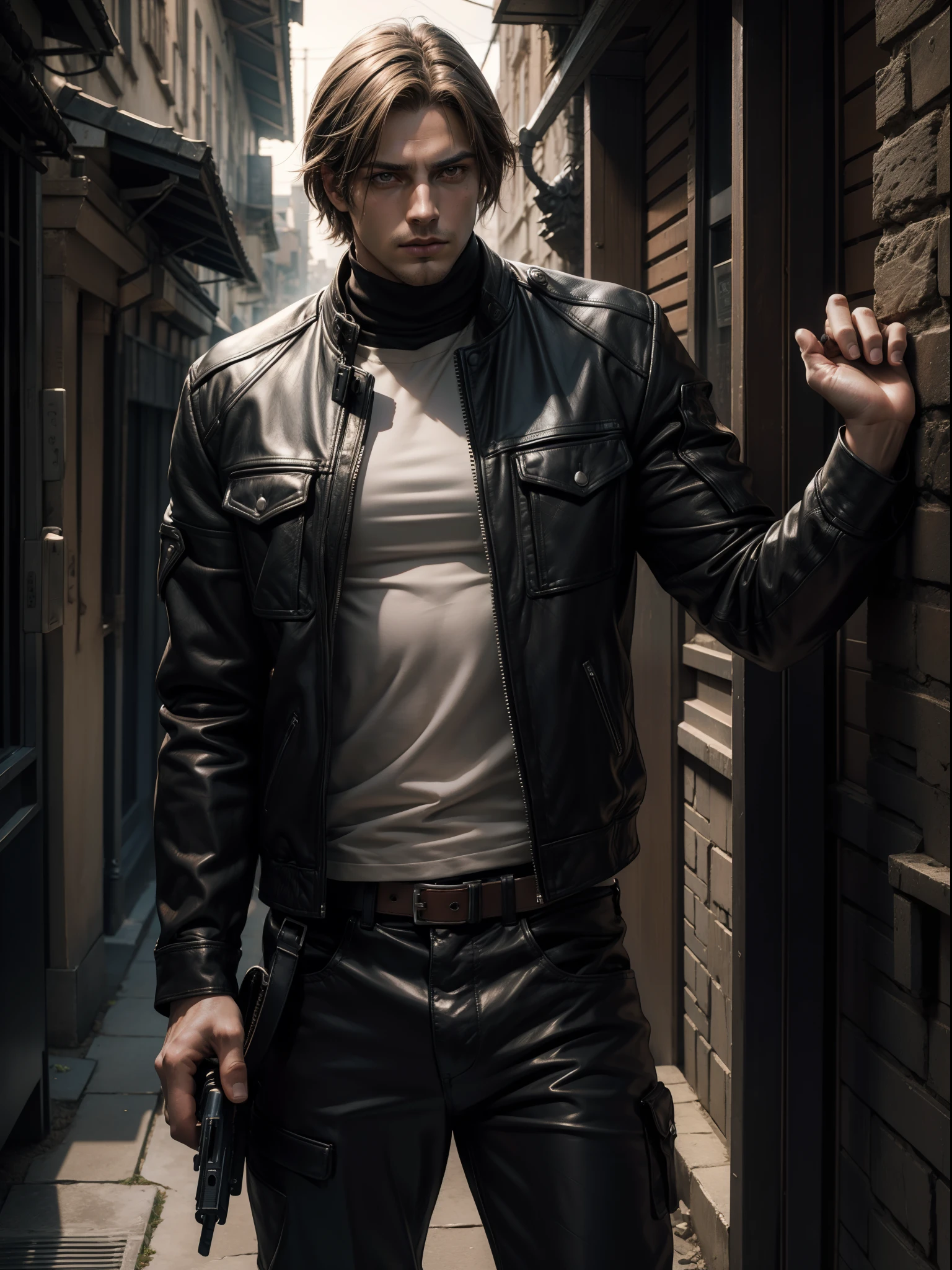 1 homem, jovem, 27 anos, Leon S. Kennedy de Resident evil 4, rosto de Eudard Badaluta, solo, pele branca, musculoso, homem musculoso, magro, alto, hunk, ombro largo, barbeado, cabelo castanho escuro, penteado cortina, Dark brown cold long sleeve leather jacket with white skin on neck, cor preta Tshirt dentro, black pant, holding a pistol in his right hand, visualizador olhando, alta resolução: 1.2, melhor qualidade, foto superior do corpo, estilo plano, Overcast sky and old Spanish village background, nightime, low camera angle, volumeric lighting, profundidade de campo, sombra