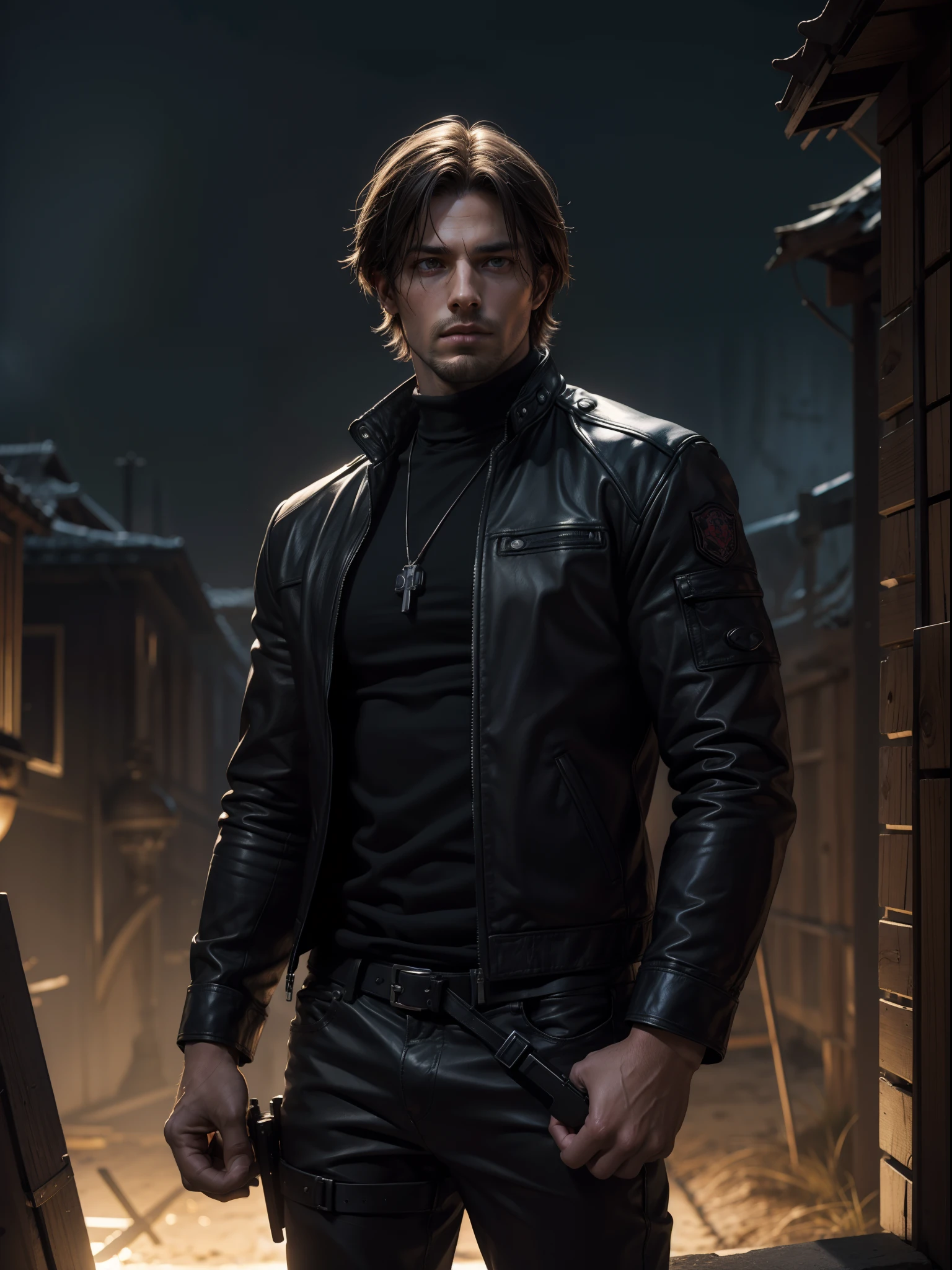 1 hombre, Joven, 27 años, LEON S. Kennedy de Resident Evil 4, rosto de Eudard Badaluta, solo, piel blanca, muscular, homem muscular, delgado, Alto, pedazo, ombro largo, afeitado, cabello castaño oscuro, peinado de cortina, Chaqueta de cuero de manga larga fría de color marrón oscuro con piel blanca en el cuello., camiseta de color negro en el interior, pantalón negro, sosteniendo una pistola en su mano derecha, espectador mirando, alta resolución: 1.2, mejor calidad, foto de la parte superior del cuerpo, estilo plano, Cielo nublado y fondo antiguo pueblo español, noche, ángulo de cámara bajo, iluminación volumétrica, Profundidad de campo, sombra