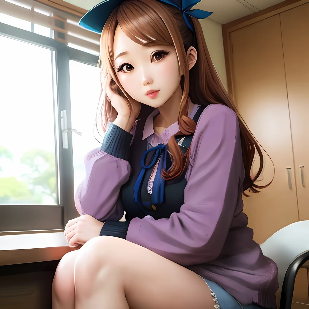 Anime girl sitting on a chair with a hat on her head - SeaArt AI