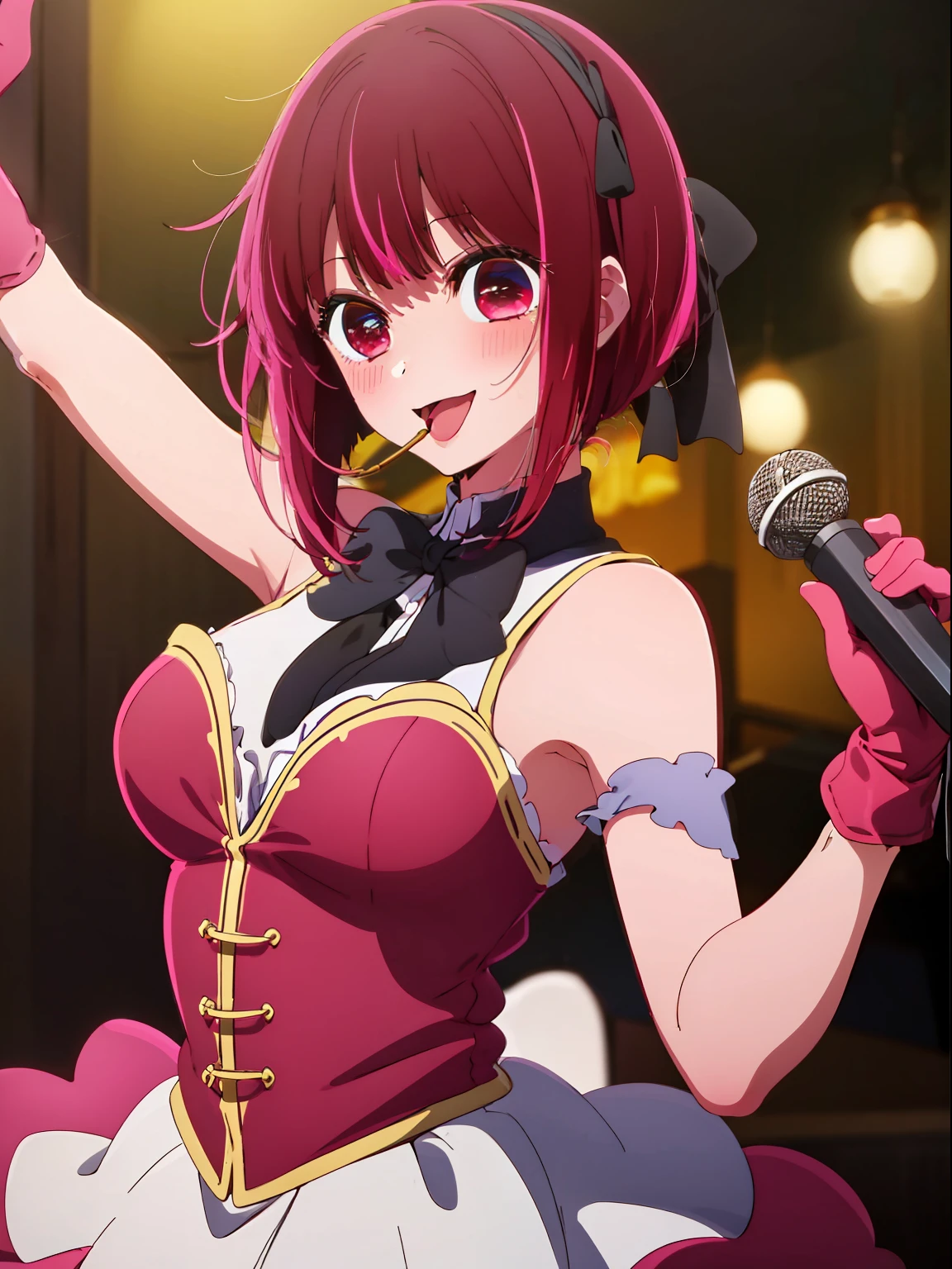 ​masterpiece、ighly detailed、(1 girl in:1.2)、Red hair、big eye、a closeup、A smile、8K、short-hair、animesque、Shining eyes、(((Red Idol Costume))), ((Red dress)), (((Pink gloves))), dance, sings, brilliance, on a stage,Black hair ornament, stage, A light, striated hair, radiant eyes, medium breasts⁩, gloves, Sing with your mouth open, Bottom Black Skirt