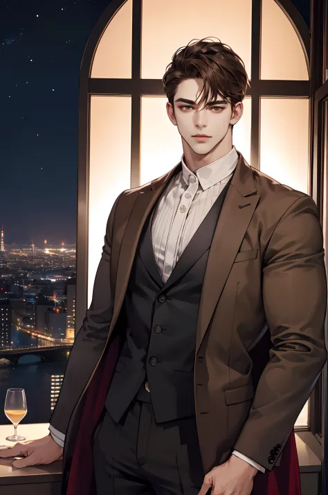 (modern day, k hd, ultra - detailed), (1male people, solo person, AS-Adult,    mature:1.4, Idade:1.4, 年轻, Tall muscular man, Handsome), Very short hair, brunette color hair, Hair oil, with brown eye,(Pointed chin:1.4,Thick neck:1.4,),the night,Dark,Look at...