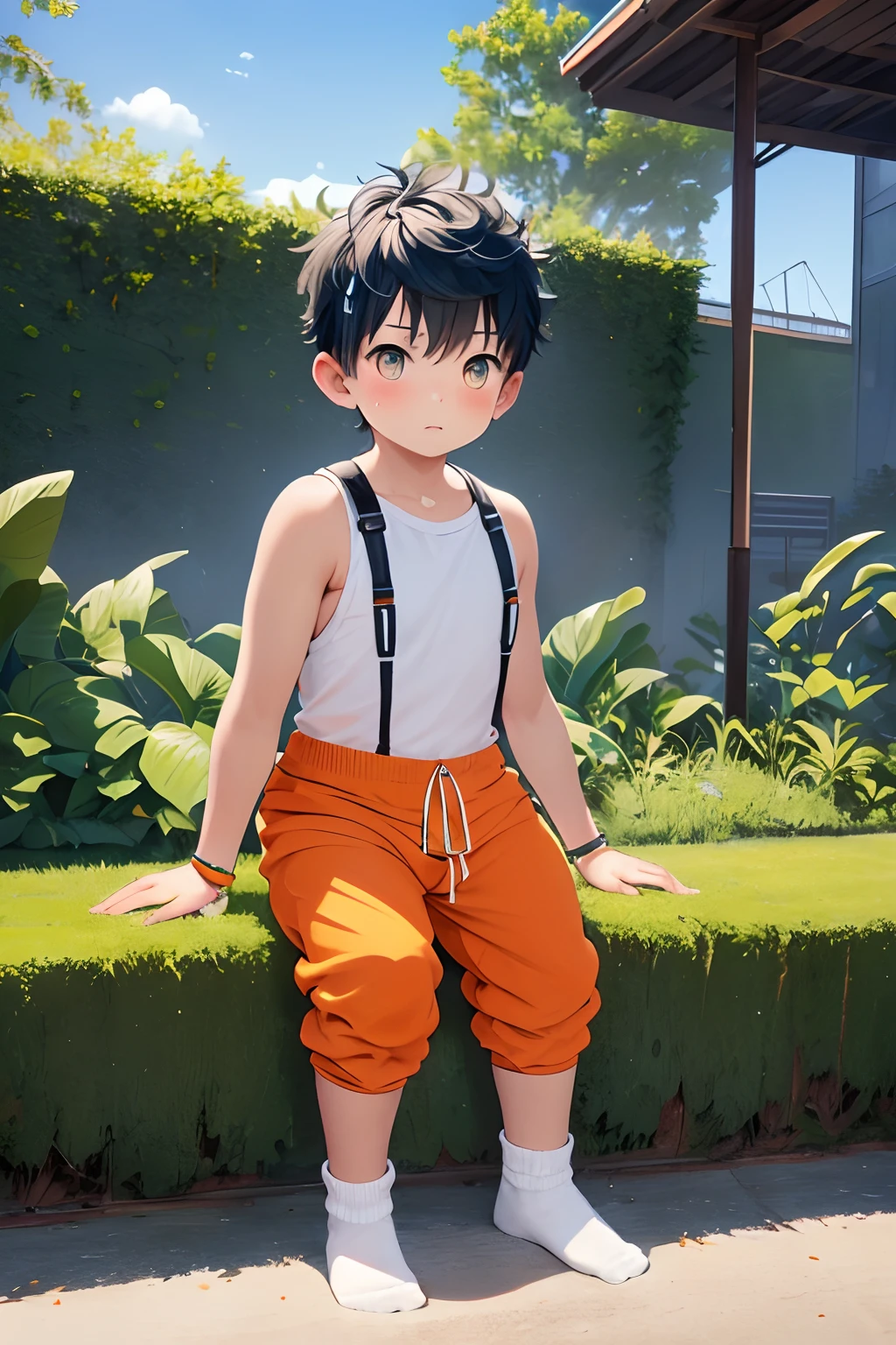 chubby Little boy with blue hair and shiny orange eyes and socks wearing a colorful full body jumpsuit sitting on a bench in a park, young, boy, child, small, toddler, (child:1.4), (boy:1.4), (shota:1.4), (sweatpants:1.4), (jumpsuit:1.6), (socks:1.5),