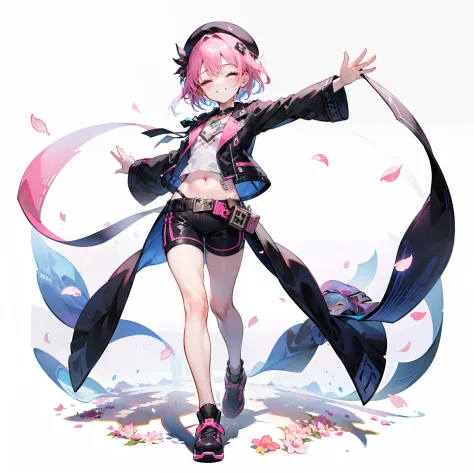 1girll，独奏，[[[full bodyesbian]]]，standing on your feet，（pink short hair），(Heads-up)，（beret），（Pink and black punk jacket） ，（（Short...