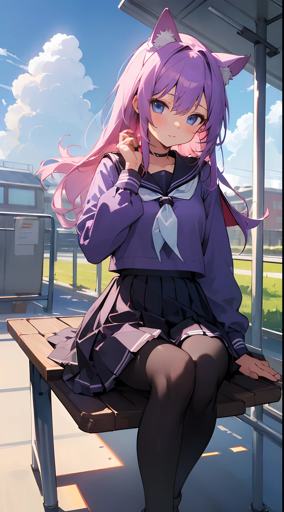 ((masterpiece, best quality)), a girl, loli, alone, skirt, tights, sky, sitting, serafuku, cloud, outdoors, handkerchief, day, shirt, roof, long hair, tights, pink hair, school uniform, white sailor collar, blue eyes, sailor collar, dark red skirt, red handkerchief, serafuku, animal ears, blue sky, long sleeves, purple shirt, watch watch, closed mouth, cat ears, chain link fence, pleated skirt, cloudy sky, bench, train, foot tights,