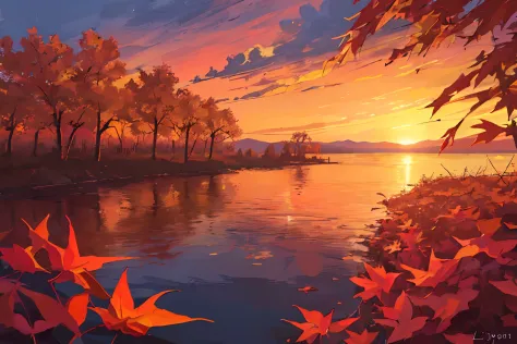 masterpiece,best quality,lycoris,flower field,depth of field,dusk,orange sky,sunset,glow,lake,autumn,maple,fallen leaves