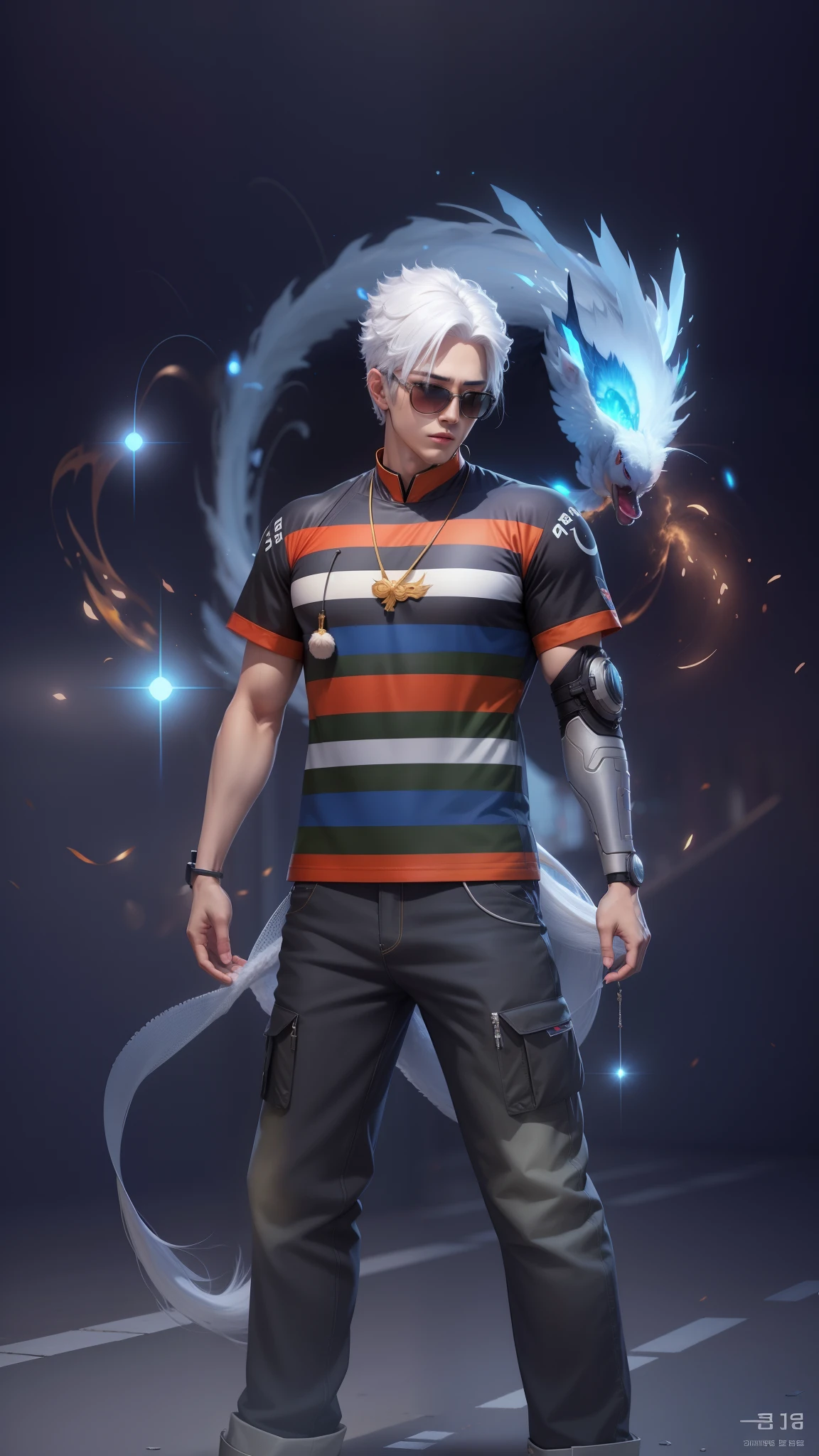 A man with white hair and a striped shirt holding a feather - SeaArt AI