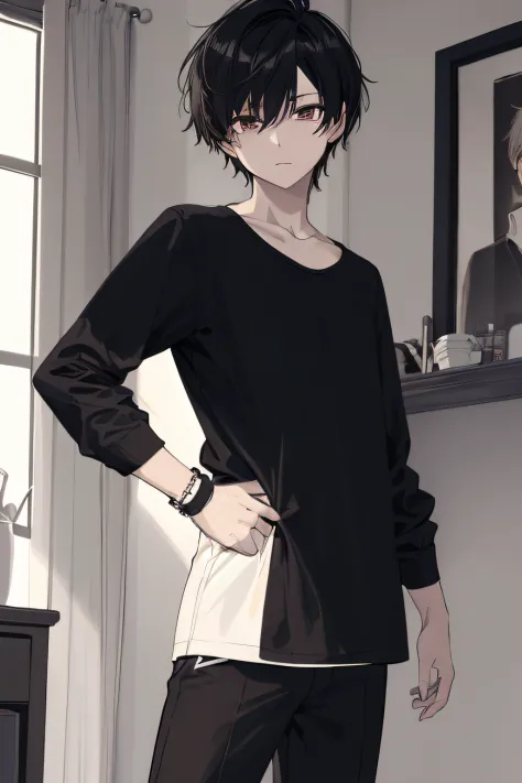 anime - imagen de estilo de un hombre con una camisa y pantalones blancos y negros, hermosa pose de anime, chico alto de anime c...