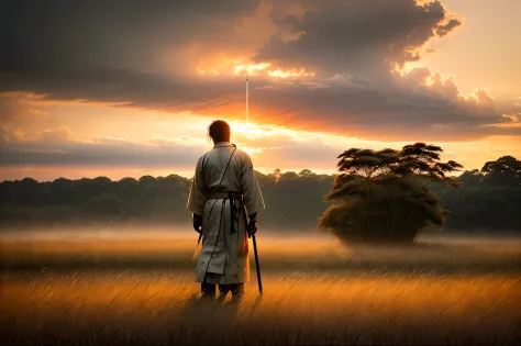 a lone ronin in bloody torn robe walking in the rain, bare feet, from behind, (long sword), wavy (tall grass:1.2), sunset, [mess...